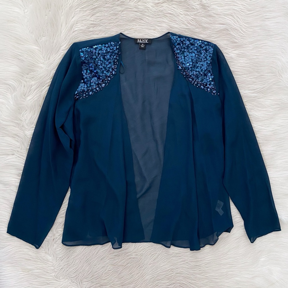 SLNY Teal Blue Sheer Beaded Neck Chiffon Open Front Flowy Evening Jacket